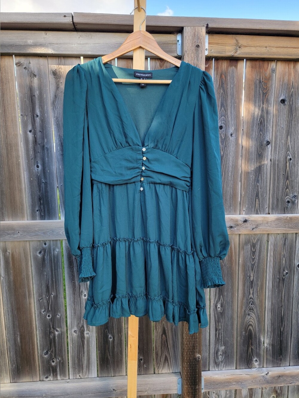 Streetwear Society Teal V-Neck Long-Sleeve Tiered Mini Dress